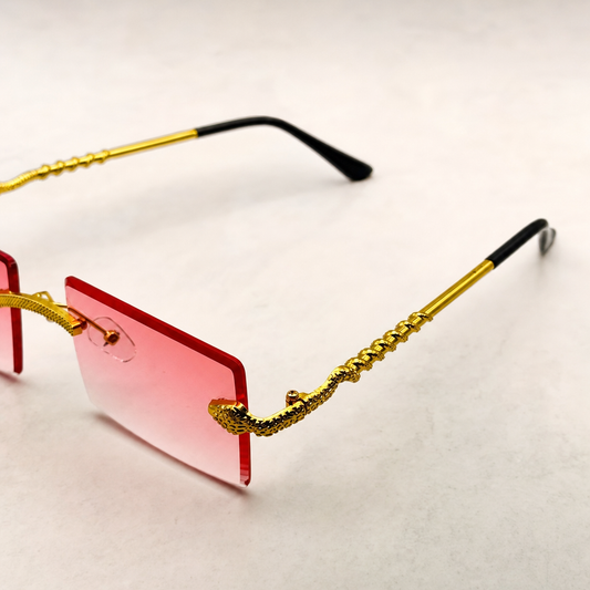 Luxurious Dragon Arm Square Rimless Sunglasses - Multicolor Lenses, Gold Snake Frame, Unisex Festival Shades with Personalized Case