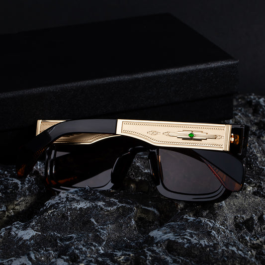 Vintage-Inspired Polarized Sunglasses: Square Multicolors Frame, Gold Temples, UV400 Protection with Personalized Sunglasses Case