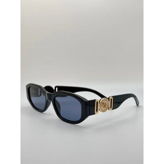 Vintage Rectangle Black Sunglasses | Retro Designer-Inspired Shades | Gold Medallion Statement Glasses | UV Protection Women Sunglasses