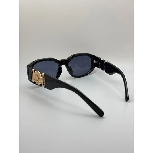 Vintage Rectangle Black Sunglasses | Retro Designer-Inspired Shades | Gold Medallion Statement Glasses | UV Protection Women Sunglasses