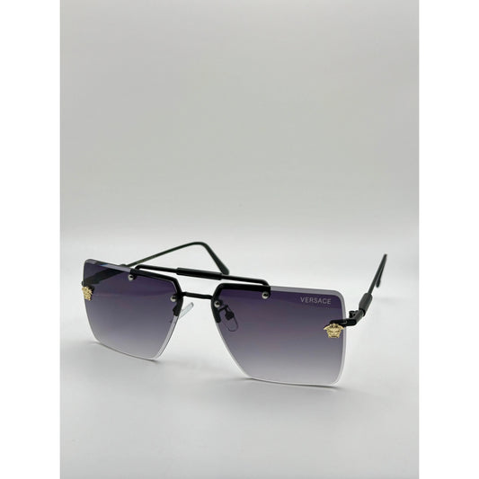 Luxury Rimless Square Sunglasses – Gradient Lens with Gold Medusa Accent | Unisex Vintage Style Shades | Black Metal Frame