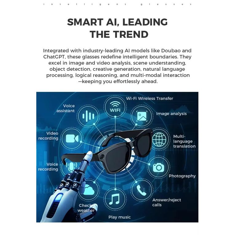 AI Smart Camera Glasses with HD 1080P Video, Photo, Voice Assistant, Translation & Music | Smart Sunglasses for Travel, Cycling & Outdoor