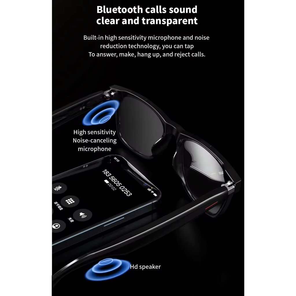Smart Bluetooth 5.3 UV400 Polarized Glasses with Open-Ear HD Speakers & Noise-Canceling Mic | Blue Light Blocking Sunglasses with Voice Assistant