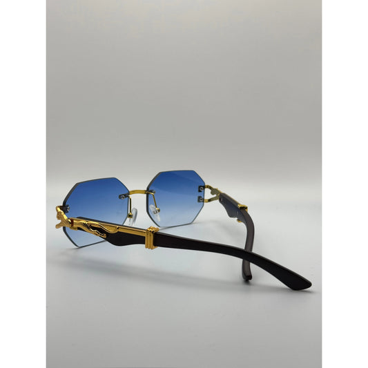 Luxury Rimless Hexagonal Blue Gradient Sunglasses with Gold Panther Detail - Trendy Designer Eyewear for Men and Women