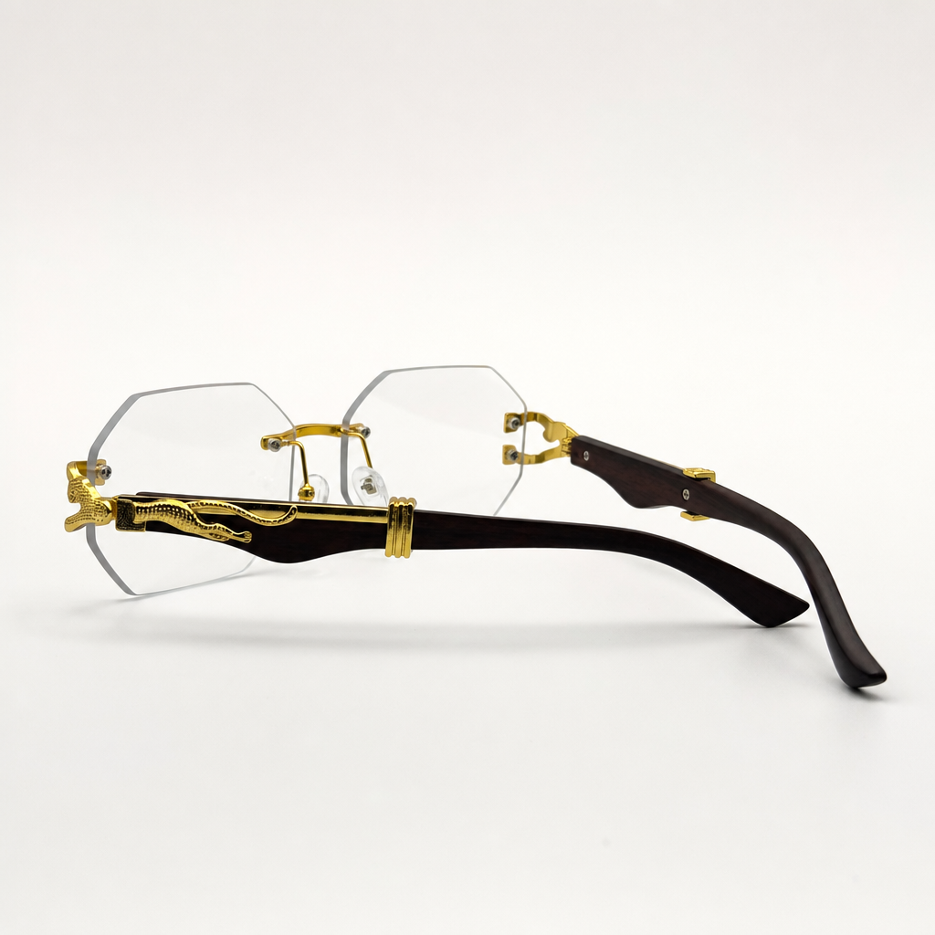 Luxury Rimless Clear Lens Hexagonal Eyeglasses with Gold Panther Detail - Stylish UV400 Unisex Designer Glasses