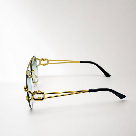 Bold Gold Panther-Arm Aviator Sunglasses: Rimless Blue Gradient Lens, Luxury Fashion Shades with Personalized Sunglasses Case