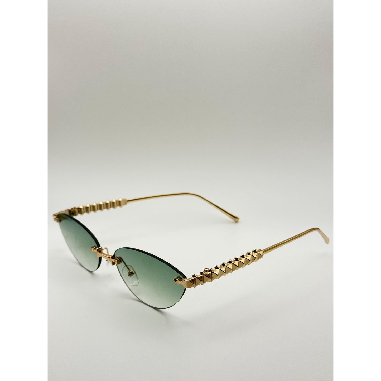 Luxe Rimless Cat-Eye Sunglasses: Gold Pyramid Arms, Polarized Gradient UV400 Unisex Fashion Shades with Personalized Sunglasses Case