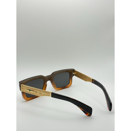 Vintage-Inspired Polarized Sunglasses: Square Black & Amber Frame, Gold Temples, UV400 Protection with Personalized Sunglasses Case