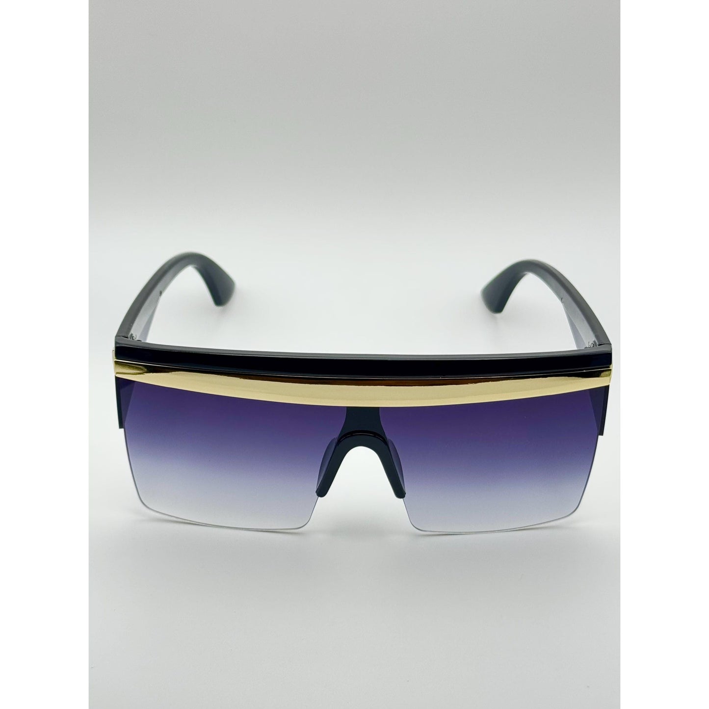 Oversized Celebrity Shield Sunglasses - Gradient Purple Lens, Gold Trim, Unisex Fashion Visor for Festivals with Personalized Case