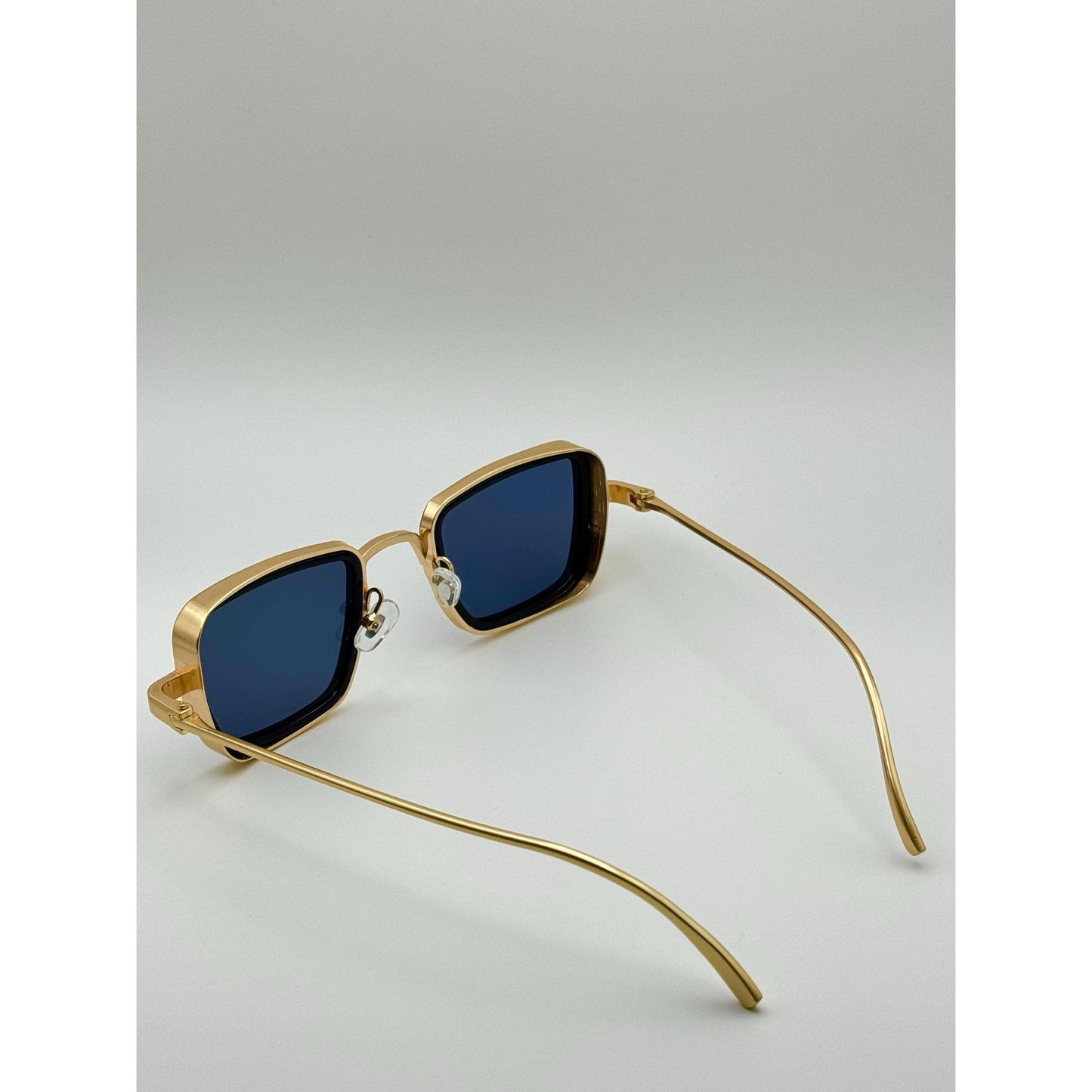 Retro Gold Frame Rectangle Sunglasses - Unisex Vintage Eyewear with Deep Blue Lenses with Personalized Sunglasses Case