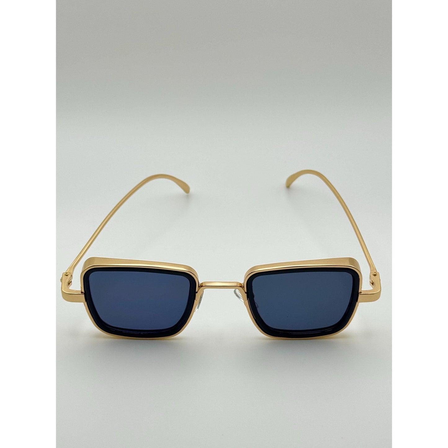 Retro Gold Frame Rectangle Sunglasses - Unisex Vintage Eyewear with Deep Blue Lenses with Personalized Sunglasses Case