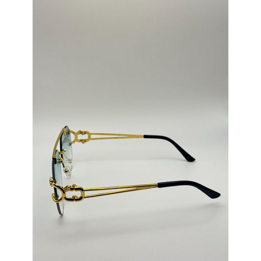 Bold Gold Panther-Arm Aviator Sunglasses: Rimless Blue Gradient Lens, Luxury Fashion Shades with Personalized Sunglasses Case