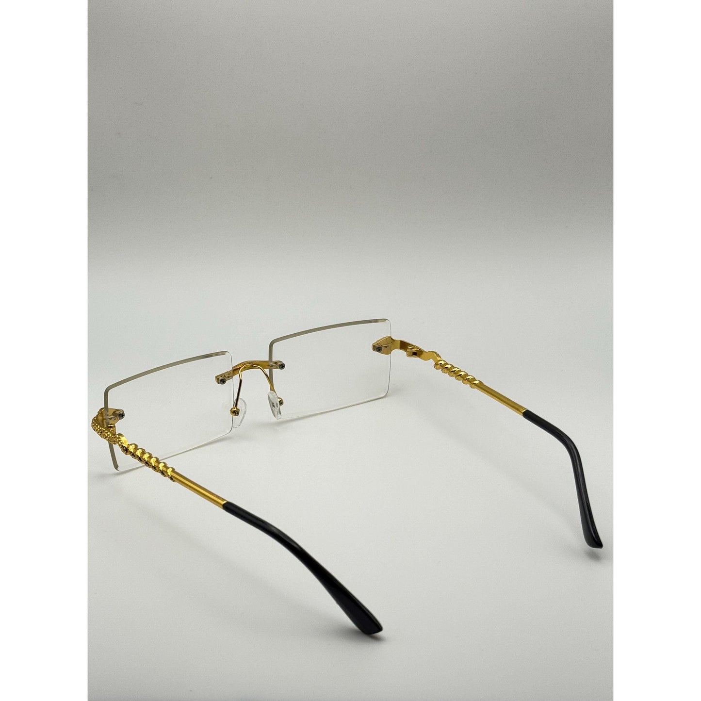 Luxurious Dragon Arm Square Rimless Sunglasses - Multicolor Lenses, Gold Snake Frame, Unisex Festival Shades with Personalized Case
