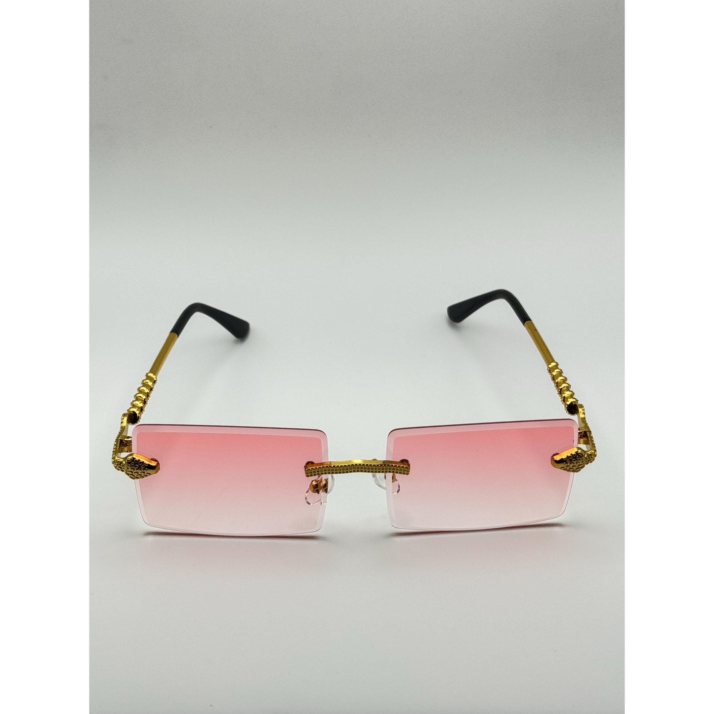 Luxurious Dragon Arm Square Rimless Sunglasses - Multicolor Lenses, Gold Snake Frame, Unisex Festival Shades with Personalized Case