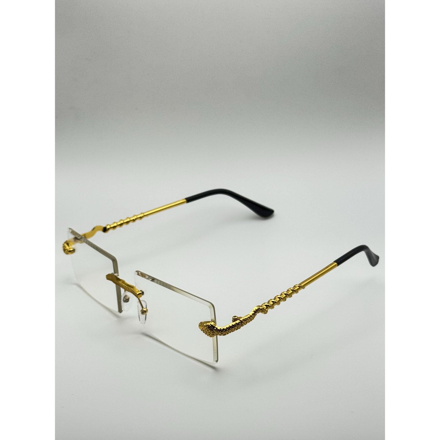 Luxurious Dragon Arm Square Rimless Sunglasses - Multicolor Lenses, Gold Snake Frame, Unisex Festival Shades with Personalized Case