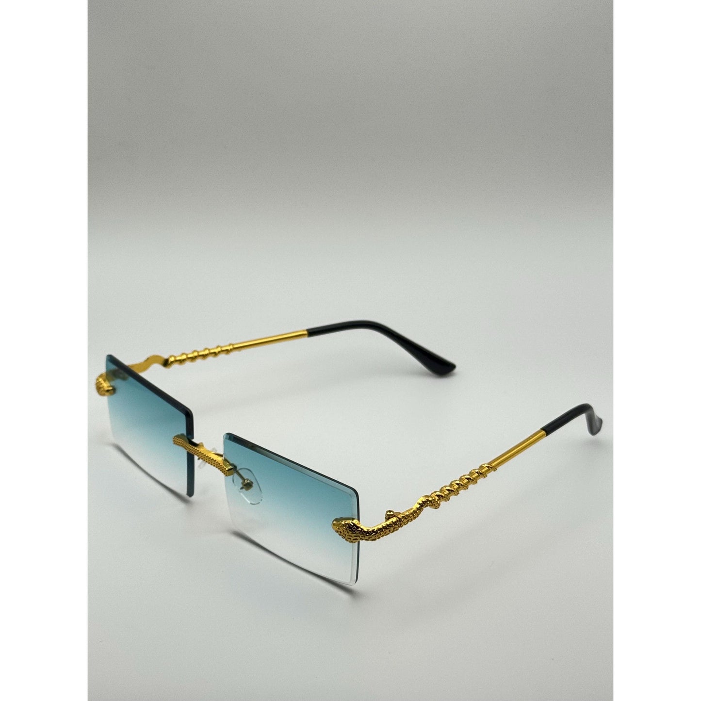 Luxurious Dragon Arm Square Rimless Sunglasses - Multicolor Lenses, Gold Snake Frame, Unisex Festival Shades with Personalized Case
