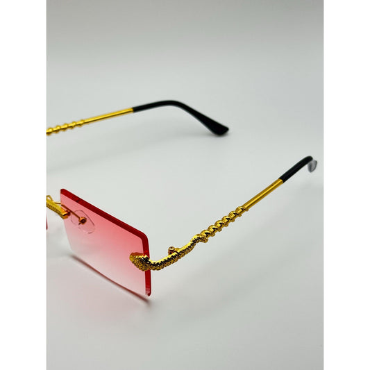 Luxurious Dragon Arm Square Rimless Sunglasses - Multicolor Lenses, Gold Snake Frame, Unisex Festival Shades with Personalized Case