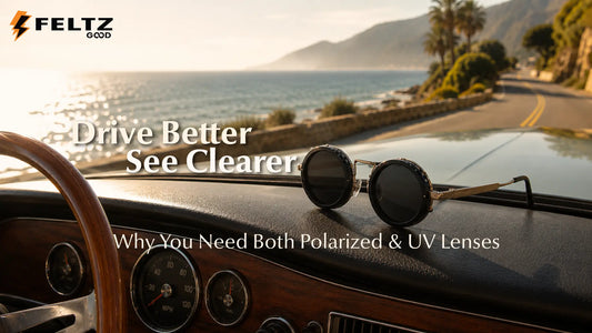 A stylish pair of Feltzgood sunglasses resting on a sunlit dashboard overlooking the ocean, illustrating the visual clarity of polarized lenses and UV400 eye protection.