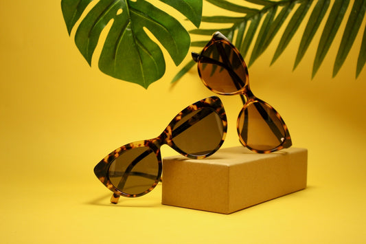 two tortoiseshell-framed Wayfarer-styled sunglasses with box