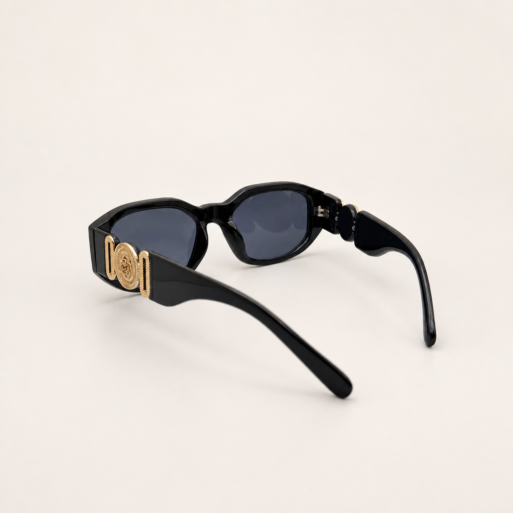 Vintage Rectangle Black Sunglasses | Retro Designer-Inspired Shades | Gold Medallion Statement Glasses | UV Protection Women Sunglasses