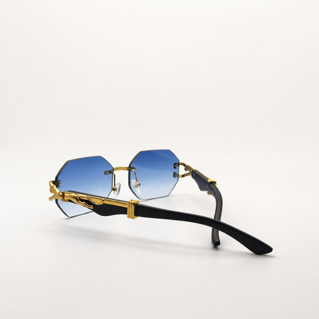 Luxury Rimless Hexagonal Blue Gradient Sunglasses with Gold Panther Detail - Trendy Designer Eyewear for Men and Women
