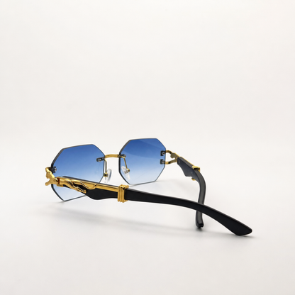 Luxury Rimless Hexagonal Blue Gradient Sunglasses with Gold Panther Detail - Trendy Designer Eyewear for Men and Women