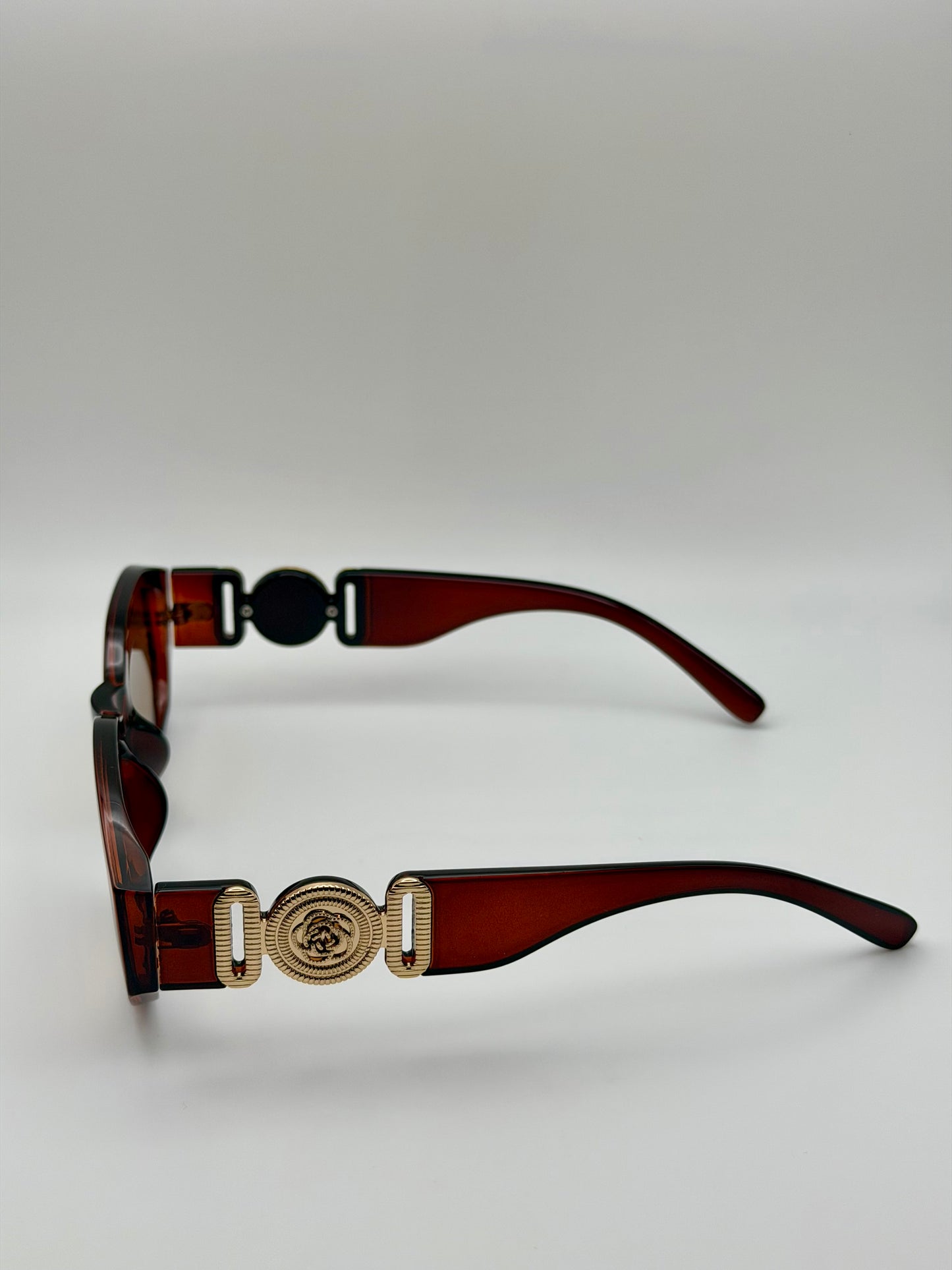 Vintage Rectangle Black Sunglasses | Retro Designer-Inspired Shades | Gold Medallion Statement Glasses | UV Protection Women Sunglasses