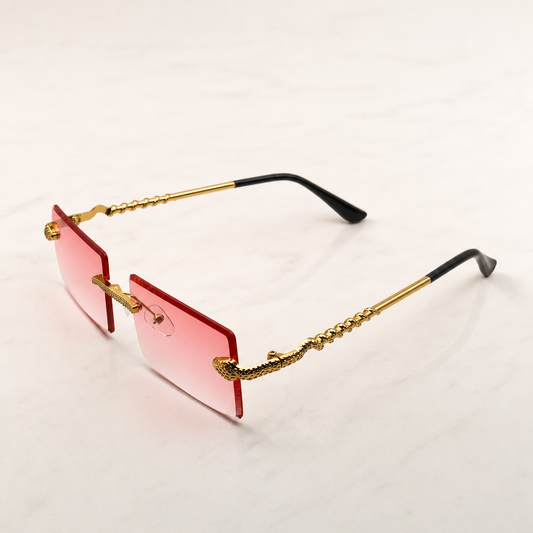 Luxurious Dragon Arm Square Rimless Sunglasses - Multicolor Lenses, Gold Snake Frame, Unisex Festival Shades with Personalized Case