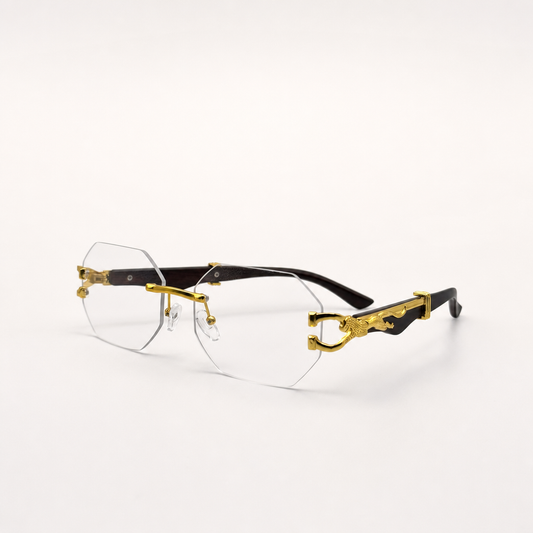 Luxury Rimless Clear Lens Hexagonal Eyeglasses with Gold Panther Detail - Stylish UV400 Unisex Designer Glasses