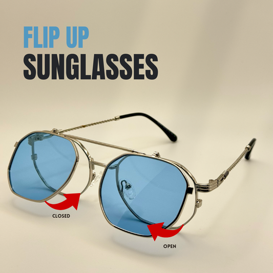 Flip Up Sunglasses for Men & Women, Vintage Metal Frame, Adjustable Lift Up Lens, Retro Steampunk Style Shades, Fashion and Festival Eyewear