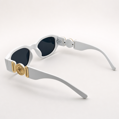 Vintage Rectangle Black Sunglasses | Retro Designer-Inspired Shades | Gold Medallion Statement Glasses | UV Protection Women Sunglasses