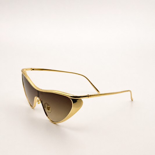 Futuristic Gold Cat-Eye Shield Sunglasses: Unisex Gradient Lens UV400 Fashion Eyewear for Festivals with Personalized Sunglasses Case