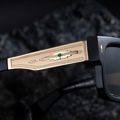 Vintage-Inspired Polarized Sunglasses: Square Multicolors Frame, Gold Temples, UV400 Protection with Personalized Sunglasses Case