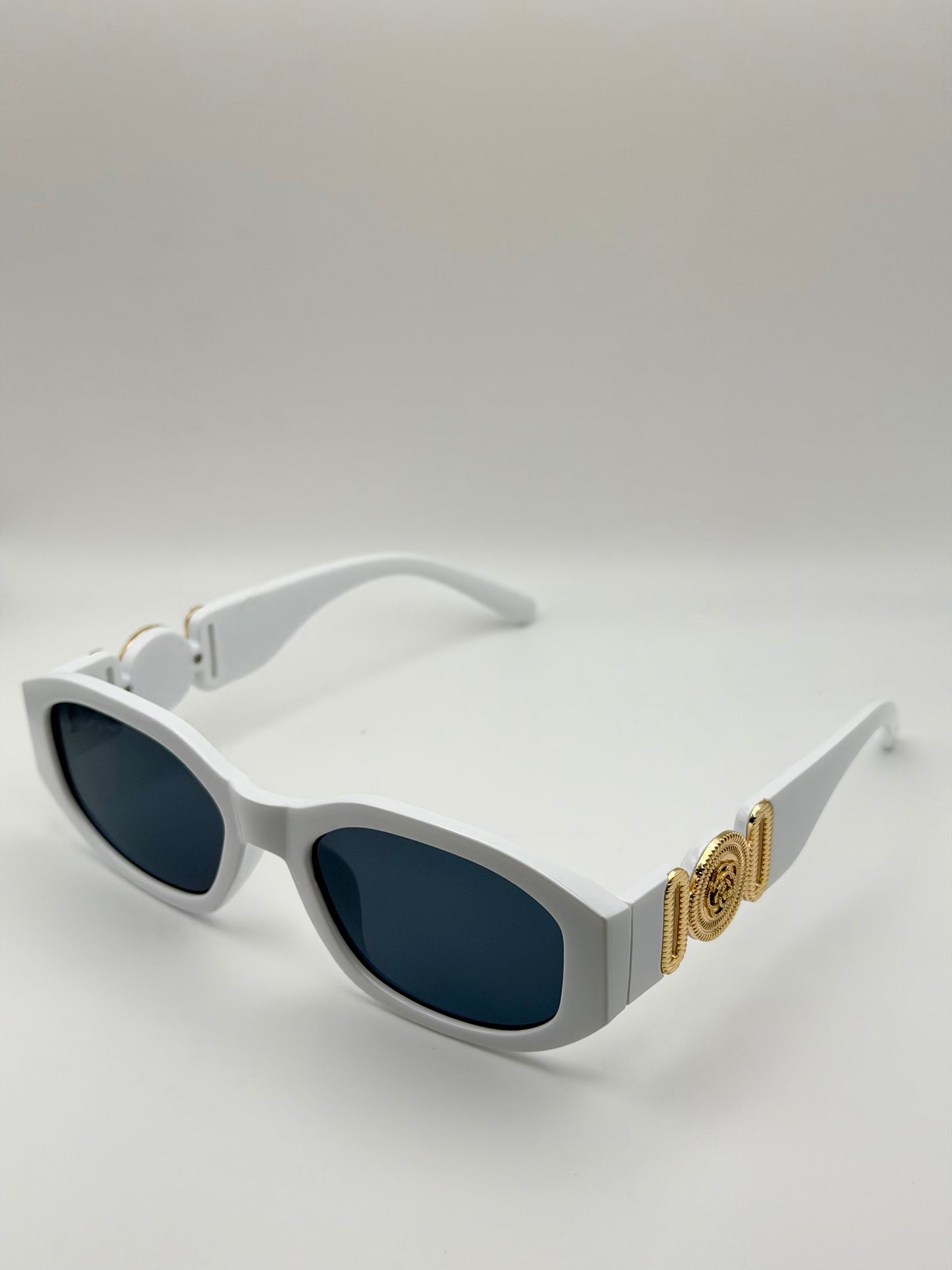 Vintage Rectangle Black Sunglasses | Retro Designer-Inspired Shades | Gold Medallion Statement Glasses | UV Protection Women Sunglasses