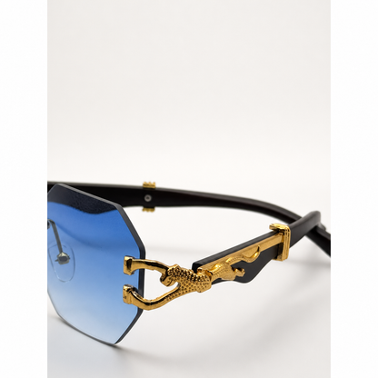 Luxury Rimless Hexagonal Blue Gradient Sunglasses with Gold Panther Detail - Trendy Designer Eyewear for Men and Women