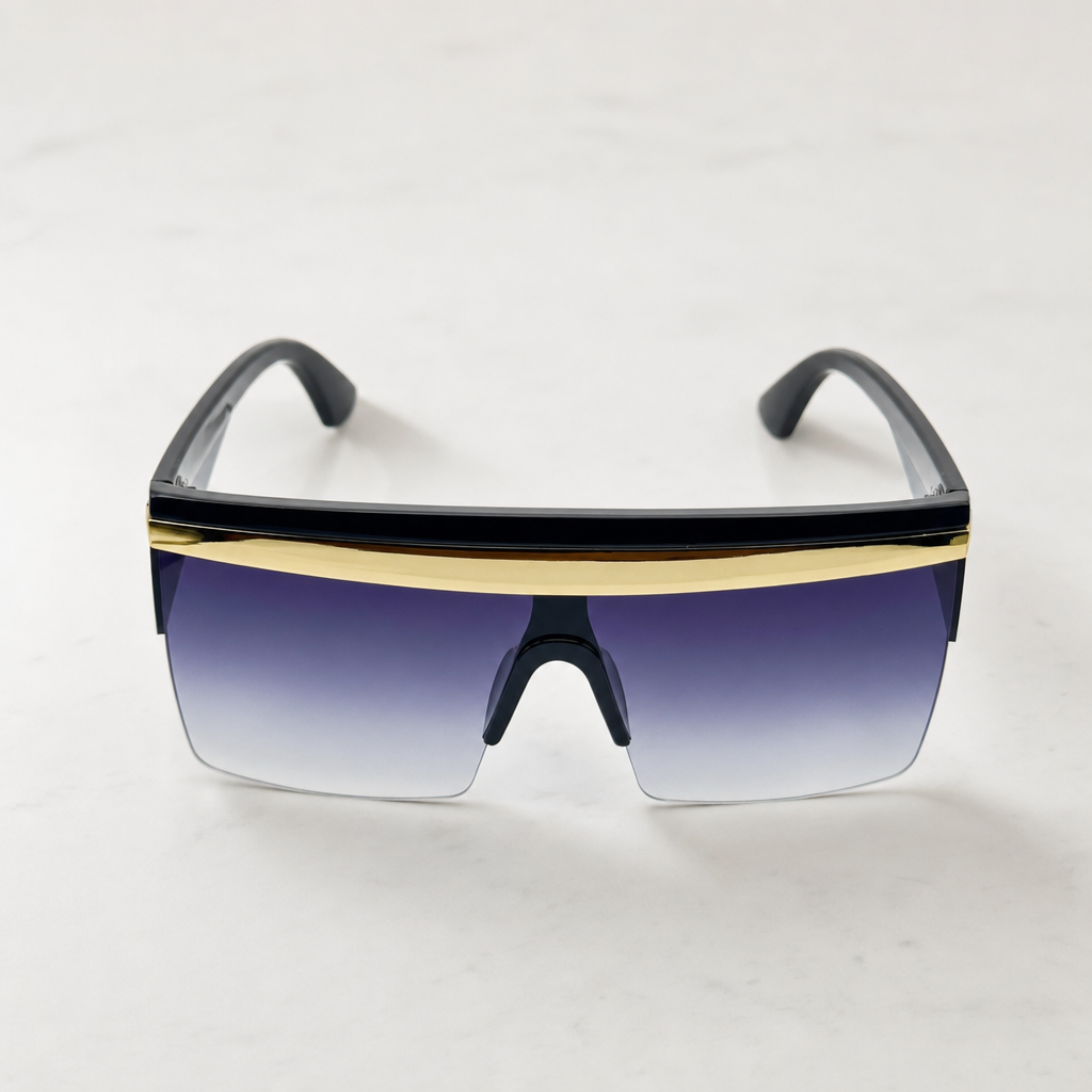 Oversized Celebrity Shield Sunglasses - Gradient Purple Lens, Gold Trim, Unisex Fashion Visor for Festivals with Personalized Case