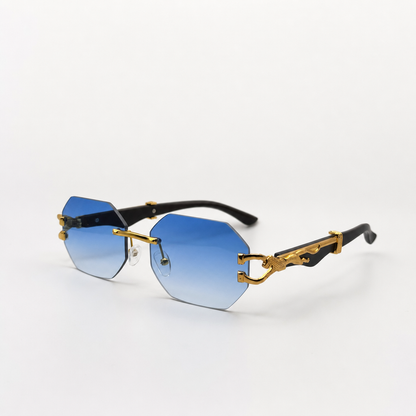 Luxury Rimless Hexagonal Blue Gradient Sunglasses with Gold Panther Detail - Trendy Designer Eyewear for Men and Women