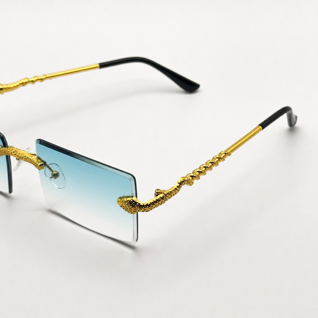 Luxurious Dragon Arm Square Rimless Sunglasses - Multicolor Lenses, Gold Snake Frame, Unisex Festival Shades with Personalized Case