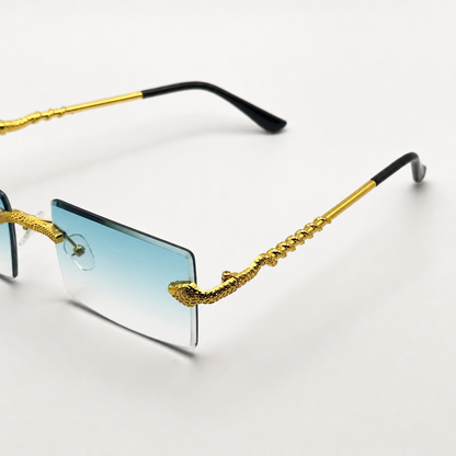 Luxurious Dragon Arm Square Rimless Sunglasses - Multicolor Lenses, Gold Snake Frame, Unisex Festival Shades with Personalized Case