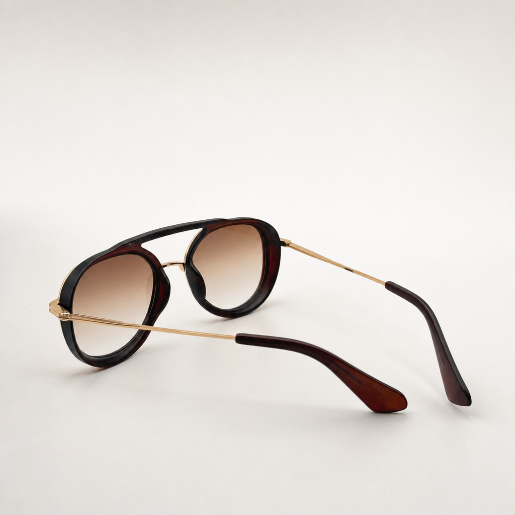 Vintage Pilot Aviator Sunglasses - Brown Gradient Lens, Gold Frame, UV400 Polarized Retro Shades with Personalized Sunglasses Case