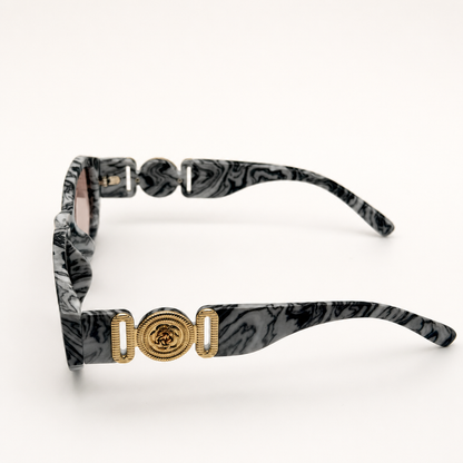 Vintage Rectangle Black Sunglasses | Retro Designer-Inspired Shades | Gold Medallion Statement Glasses | UV Protection Women Sunglasses