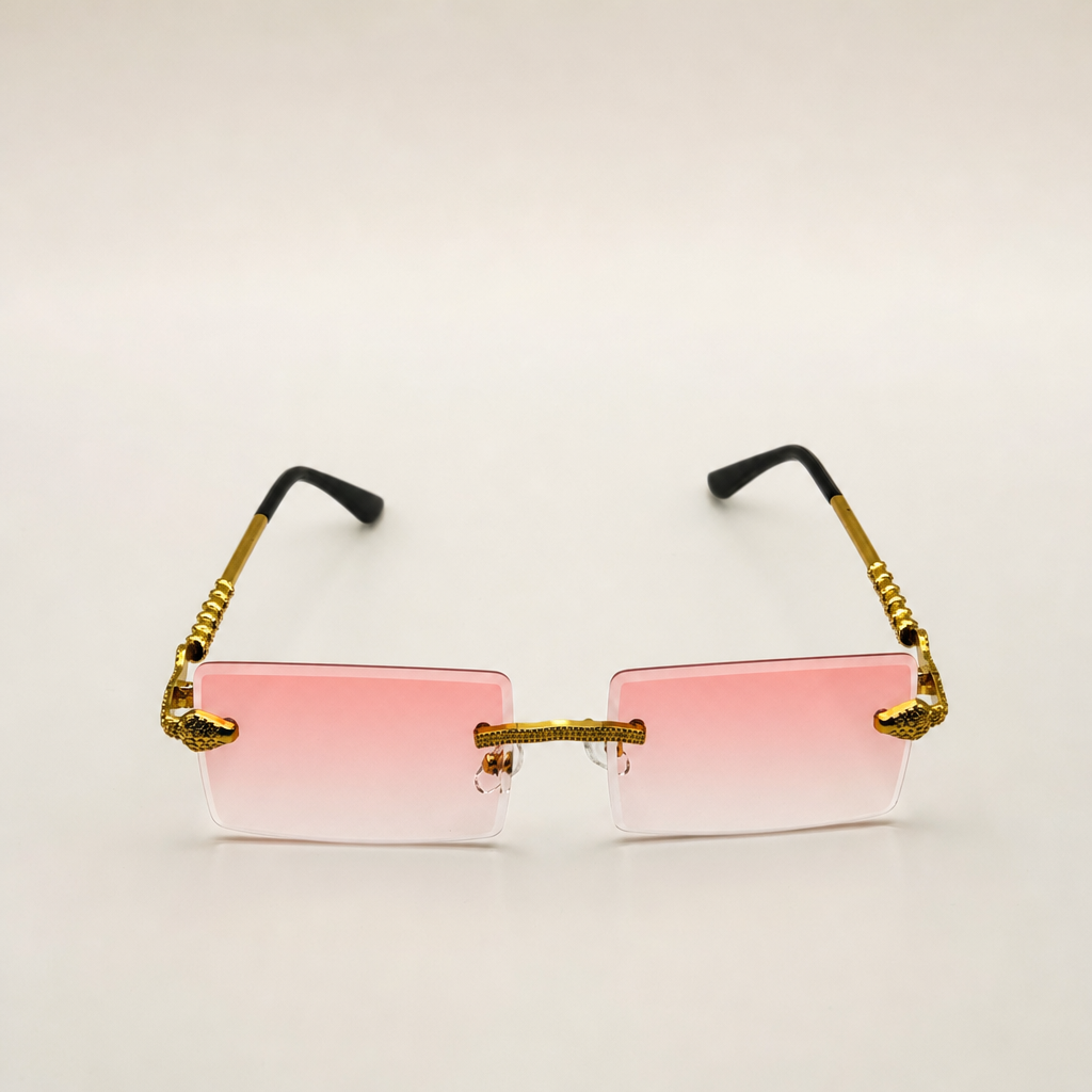 Luxurious Dragon Arm Square Rimless Sunglasses - Multicolor Lenses, Gold Snake Frame, Unisex Festival Shades with Personalized Case