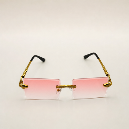 Luxurious Dragon Arm Square Rimless Sunglasses - Multicolor Lenses, Gold Snake Frame, Unisex Festival Shades with Personalized Case