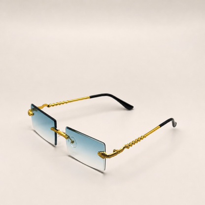 Luxurious Dragon Arm Square Rimless Sunglasses - Multicolor Lenses, Gold Snake Frame, Unisex Festival Shades with Personalized Case