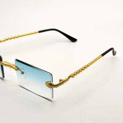 Luxurious Dragon Arm Square Rimless Sunglasses - Multicolor Lenses, Gold Snake Frame, Unisex Festival Shades with Personalized Case