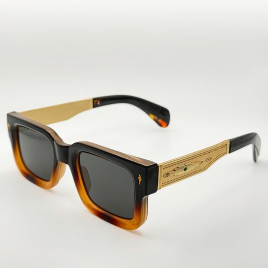 Vintage-Inspired Polarized Sunglasses: Square Black & Amber Frame, Gold Temples, UV400 Protection with Personalized Sunglasses Case