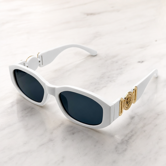 Vintage Rectangle Black Sunglasses | Retro Designer-Inspired Shades | Gold Medallion Statement Glasses | UV Protection Women Sunglasses