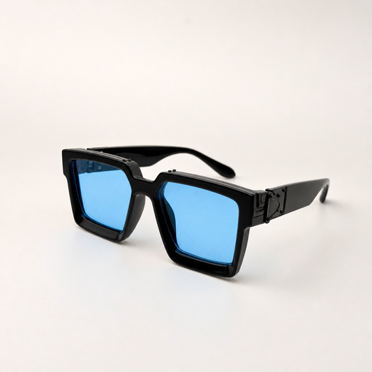 Bold Black Square Sunglasses with Blue Tinted Lenses | Retro Statement Eyewear | Unisex Oversized Sunglasses | UV Protection Fashion Shades