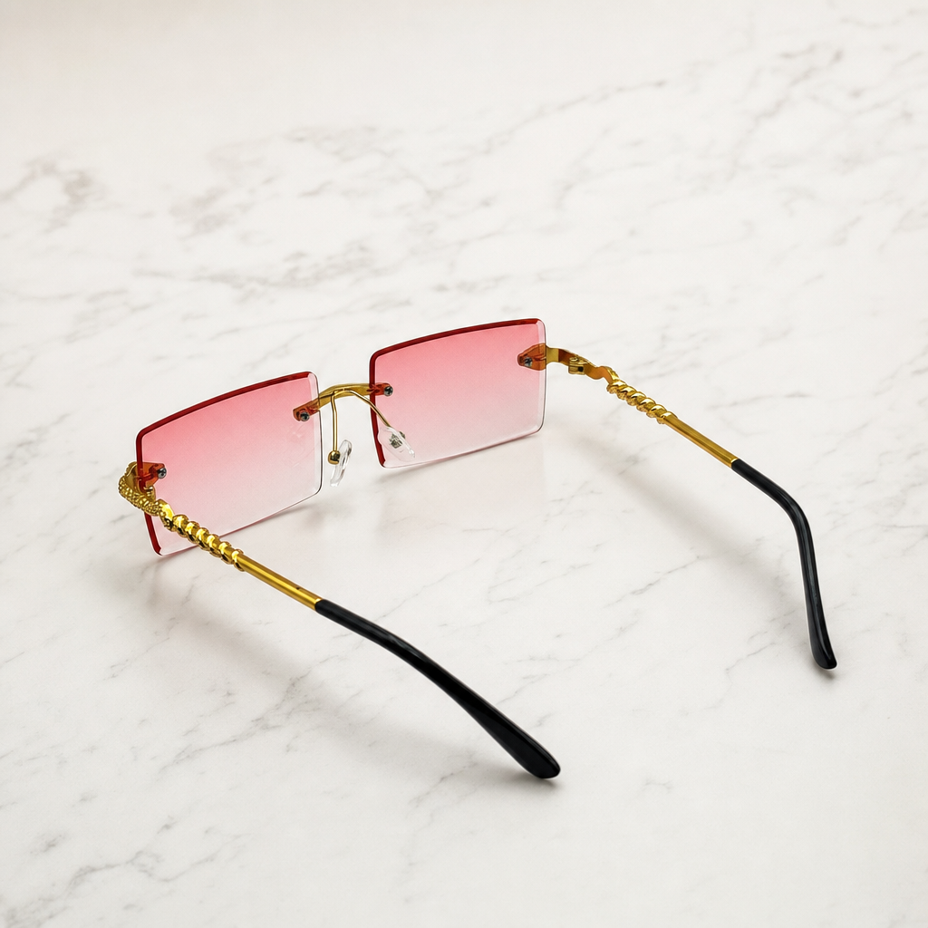 Luxurious Dragon Arm Square Rimless Sunglasses - Multicolor Lenses, Gold Snake Frame, Unisex Festival Shades with Personalized Case