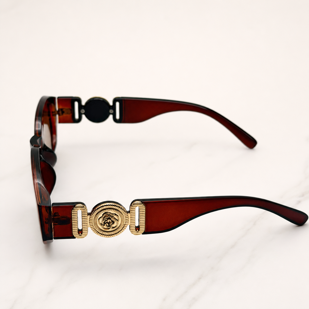 Vintage Rectangle Black Sunglasses | Retro Designer-Inspired Shades | Gold Medallion Statement Glasses | UV Protection Women Sunglasses